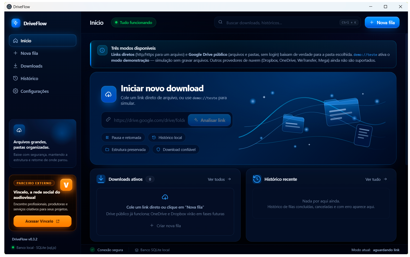 Pré-visualização do DriveFlow rodando no Windows — sidebar com filas, banner de modos disponíveis e card de novo download.